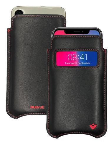 iPhone 15 / 15 Pro Black/Red Leather Case with NueVue Patented Antimicrobial, Germ Fighting and Screen Cleaning Technology