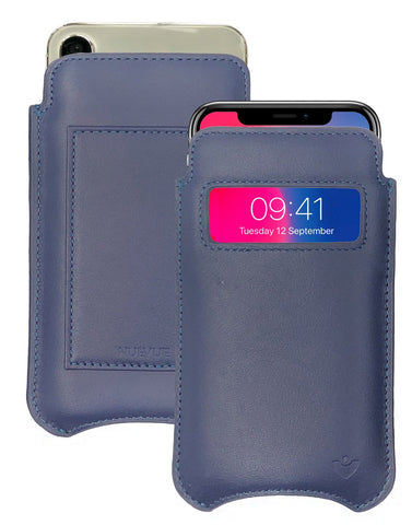 iPhone 15 / 15 Pro Blueberry Blue Leather Wallet Case with NueVue Patented Antimicrobial, Germ Fighting and Screen Cleaning Technology
