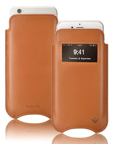 iPhone 8 / 7 Pouch Case in Tan Napa Leather | Screen Cleaning and Sanitizing Lining | Smart Window