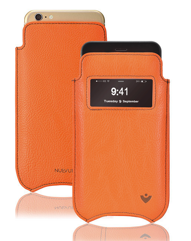 iPhone 8 Plus / 7 Plus Pouch Case in Orange Faux Leather | Screen Cleaning and Sanitizing Lining | Smart Window