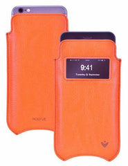 Apple Phone 15 Pro Max Case in Kumquat Vegan Leather | Screen Cleaning Sanitizing Lining | Smart Window.