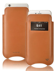 Apple iPhone 13 mini Sleeve Case | Saddle Brown Napa Leather | Screen Cleaning Sanitizing Lining | smart window