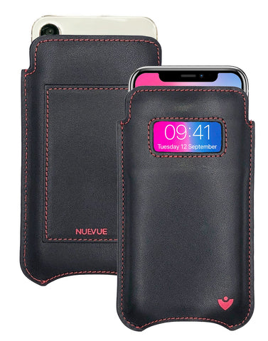 iPhone 13 / 13 Pro Black/Red Leather Wallet Case with NueVue Patented Antimicrobial, Germ Fighting and Screen Cleaning Technology